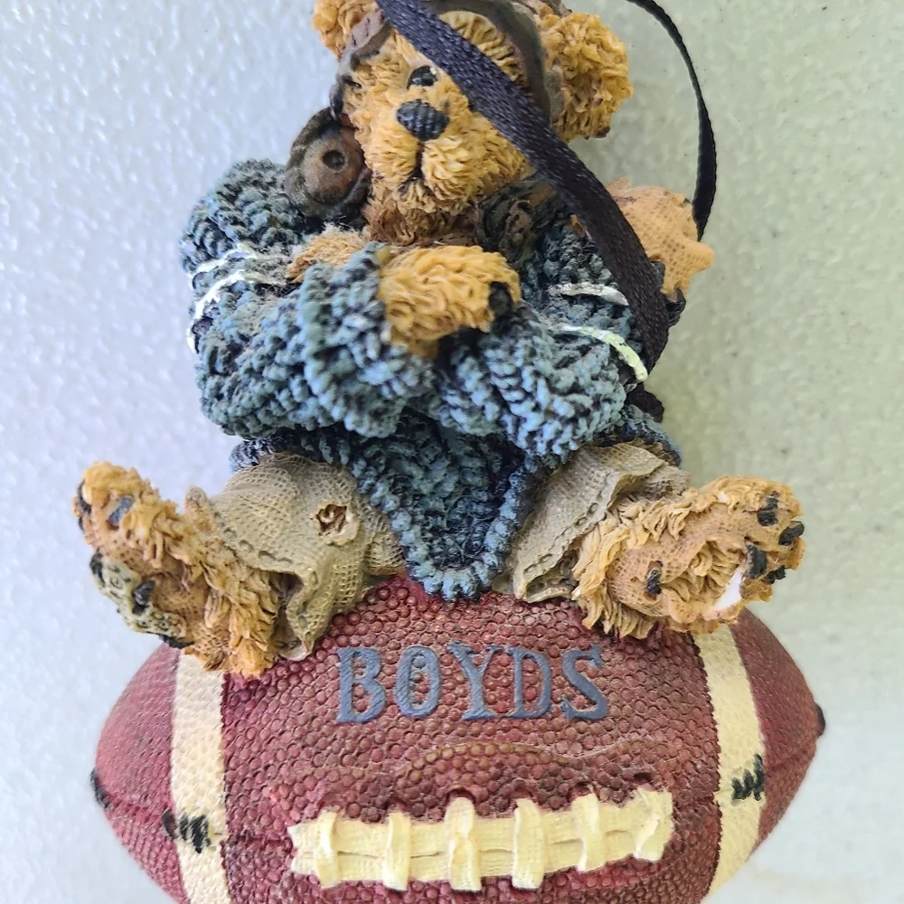 Boyds Bear Football Ornament - Brown Bear Blue Sweater Crossing Arms Number‎ 11